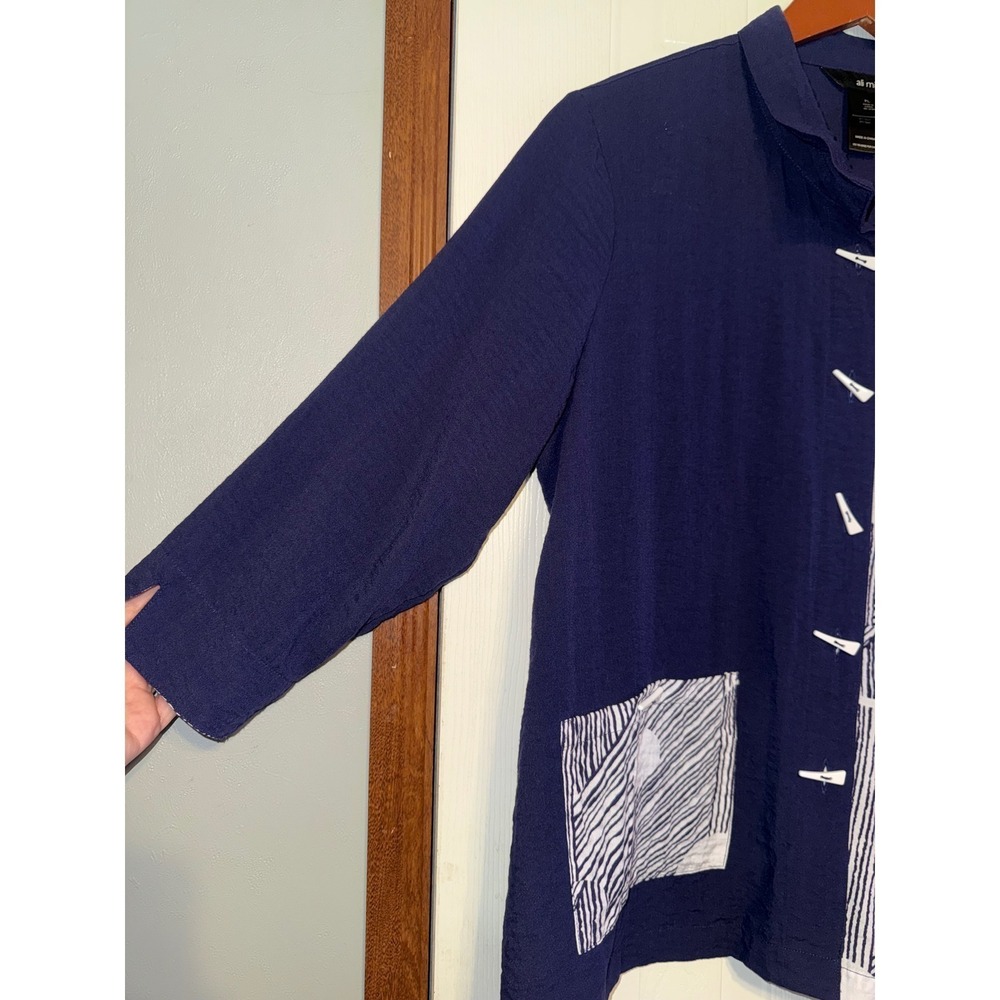 Ali Miles Blue Abstract Polka Dot Button Front Blouse Sz Lg Petite - Picture 3 of 12